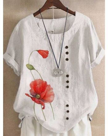 Crew Neck Floral Casual Cotton Buttoned Shirt