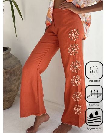 Cotton And Linen Loose Embroidery Casual Pants