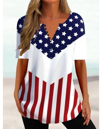 Casual V Neck America Flag Shirt