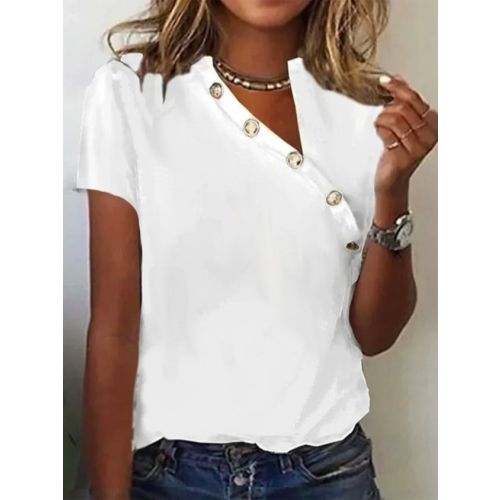 Women's T-Shirt Asymmetrical Collar Buttoned Casual Plain Shirt White Gray Black Red Green