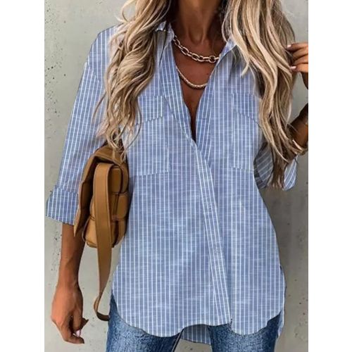 Striped Loose Shirt Collar Casual Blouse